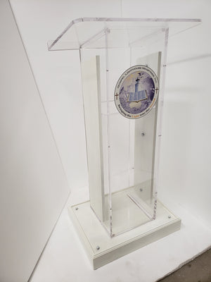 DCF-P29 Clear Church Pulpit White Stained Base, Sideboards and Logo