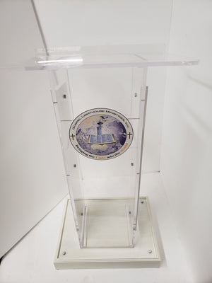 DCF-P29 Clear Church Pulpit White Stained Base, Sideboards and Logo