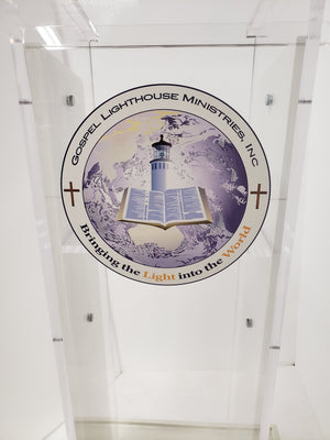 DCF-P29 Clear Church Pulpit White Stained Base, Sideboards and Logo