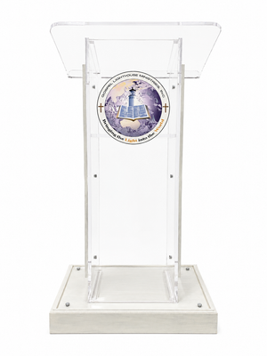 DCF-P29 Clear Church Pulpit White Stained Base, Sideboards and Logo