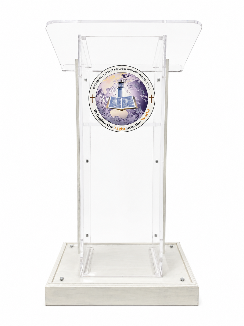 DCF-P29 Clear Church Pulpit White Stained Base, Sideboards and Logo