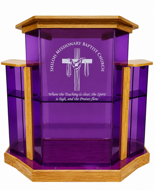 DCF - W2 Deluxe Winged Church Pulpit - Purple acrylic with angled Golden oak base and logo