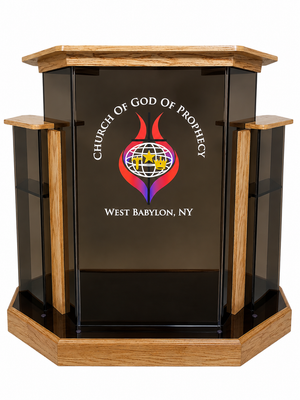 DCF - W1 Deluxe Winged Church Pulpit - Bronze acrylic with angled Golden oak base and logo