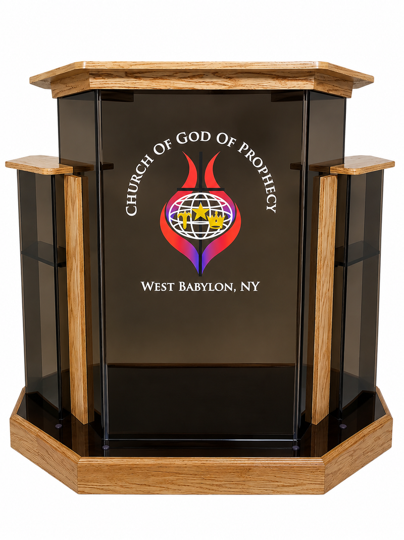 DCF - W1 Deluxe Winged Church Pulpit - Bronze acrylic with angled Golden oak base and logo