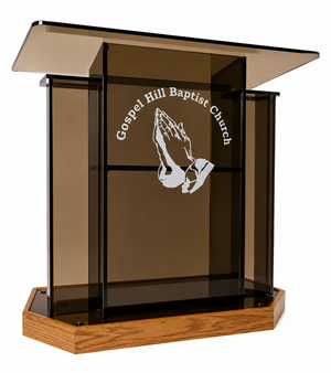 DCF - W25 Winged Church Pulpit - Bronze acrylic with angled Golden oak base and logo
