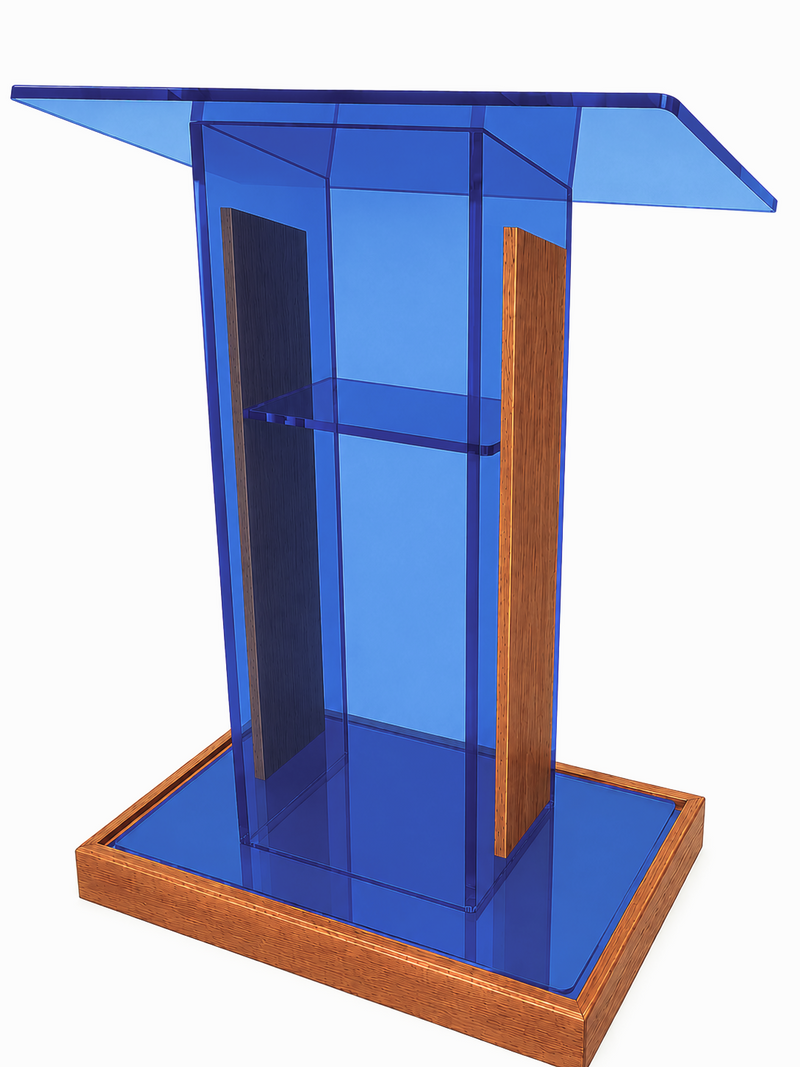 DCF-P22 Blue Acrylic Church Podium Golden Oak Base and Sideboards 20Dx36Wx48T