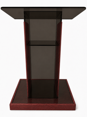 DCF-P19 Smoked Bronze Acrylic Church Pulpit Mahogany-stained Base and Sideboards 20x36