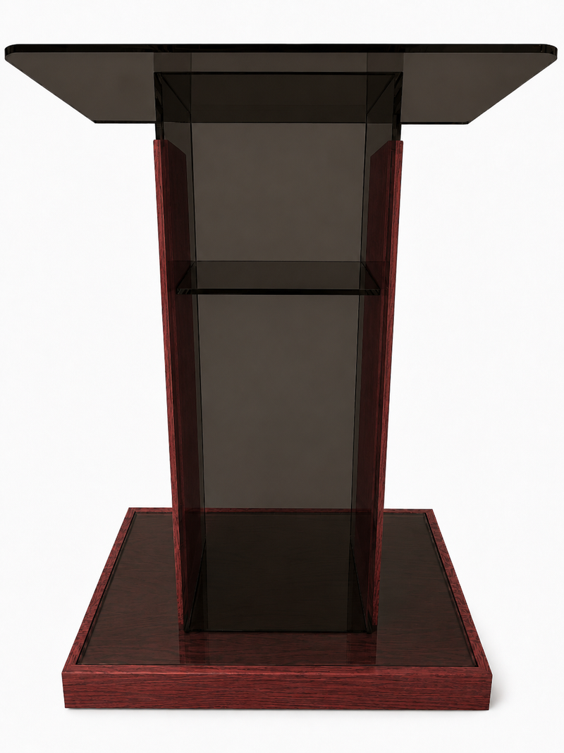 DCF-P19 Smoked Bronze Acrylic Church Pulpit Mahogany-stained Base and Sideboards 20x36