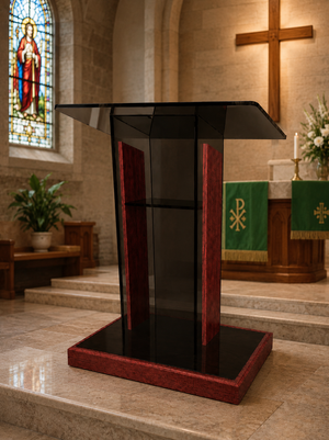 DCF-P19 Smoked Bronze Acrylic Church Pulpit Mahogany-stained Base and Sideboards 20x36