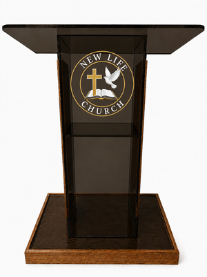 DCF-PD6 Smoked Bronze Church Podium with Logo Golden Oak Base and Sideboards 20Dx36Wx48T