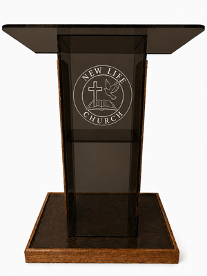 DCF-P17 Smoked Bronze Church Pulpit Golden Oak Base , Sideboards and Logo 20Dx36Wx48T