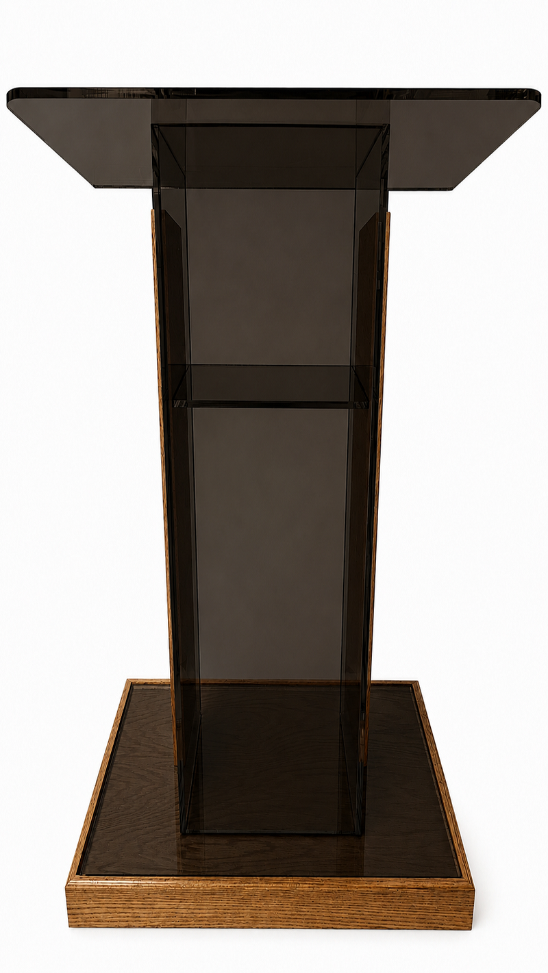 DCF-L5 Smoked Bronze Acrylic Church Lectern Golden Oak Base and Sideboards 18x24
