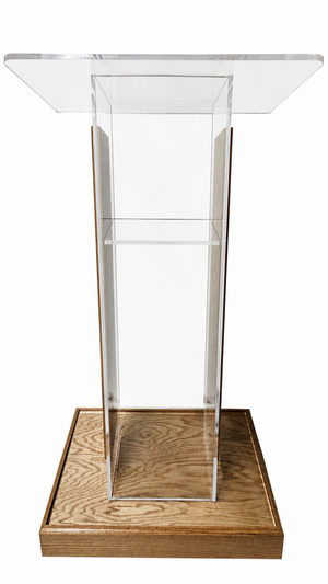 DCF-L4 Clear Acrylic Church Lectern Golden Oak Base and Sideboards 18x24