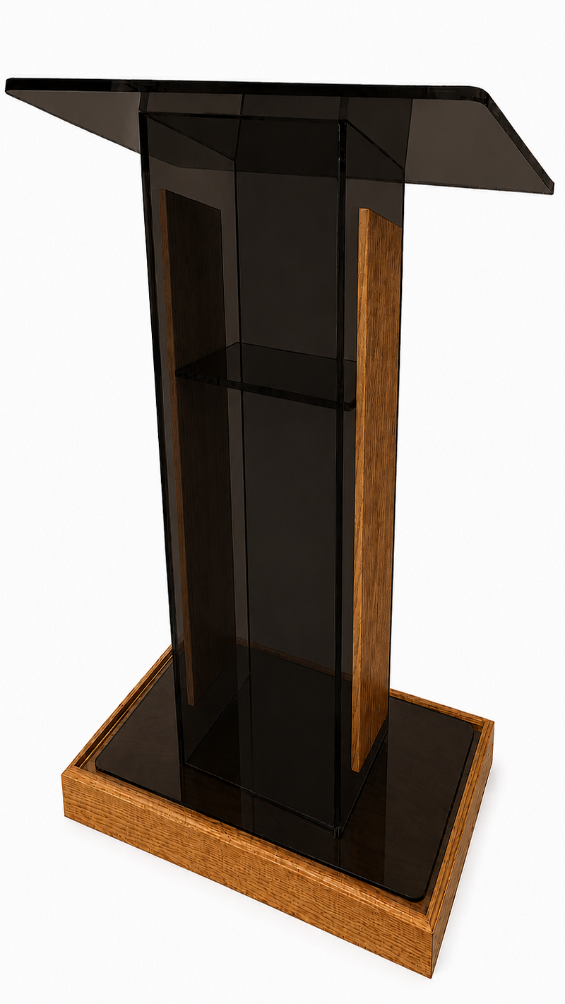 DCF-P16 Smoked Bronze Acrylic Church Pulpit Golden Oak Base and Sideboards 18x24