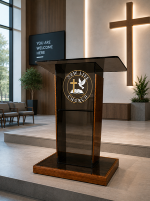 DCF-PD6 Smoked Bronze Church Podium with Logo Golden Oak Base and Sideboards 20Dx36Wx48T