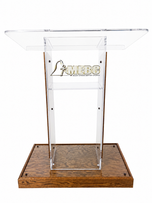 DCF-P31 Clear Acrylic Church Pulpit with Provincial Wood Base, Sideboards and Church Logo