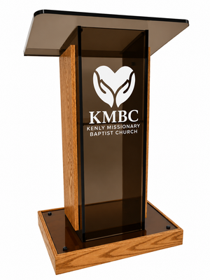 DCF-P32 Smoked Bronze Acrylic Church Pulpit with Golden oak Stained Base, Sideboards and Church Logo
