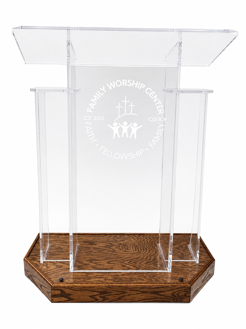 DCF-W19 Winged Church Pulpit — Clear Acrylic with Provincial Angled Wood Base