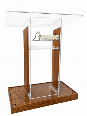 DCF-P31 Clear Acrylic Church Pulpit with Provincial Wood Base, Sideboards and Church Logo