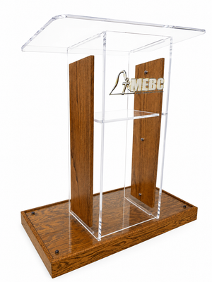 DCF-P31 Clear Acrylic Church Pulpit with Provincial Wood Base, Sideboards and Church Logo