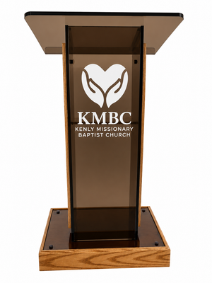 DCF-P32 Smoked Bronze Acrylic Church Pulpit with Golden oak Stained Base, Sideboards and Church Logo