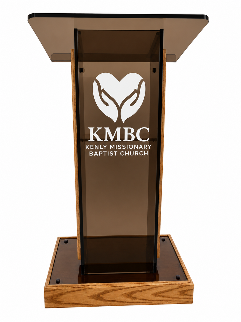 DCF-P32 Smoked Bronze Acrylic Church Pulpit with Golden oak Stained Base, Sideboards and Church Logo