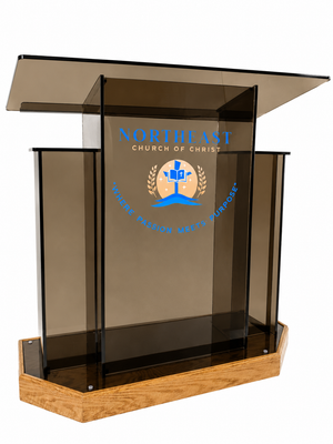 DCF-W20 Winged Church Pulpit — Smoked Bronze Acrylic with Golden oak Angled Base