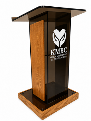 DCF-P32 Smoked Bronze Acrylic Church Pulpit with Golden oak Stained Base, Sideboards and Church Logo