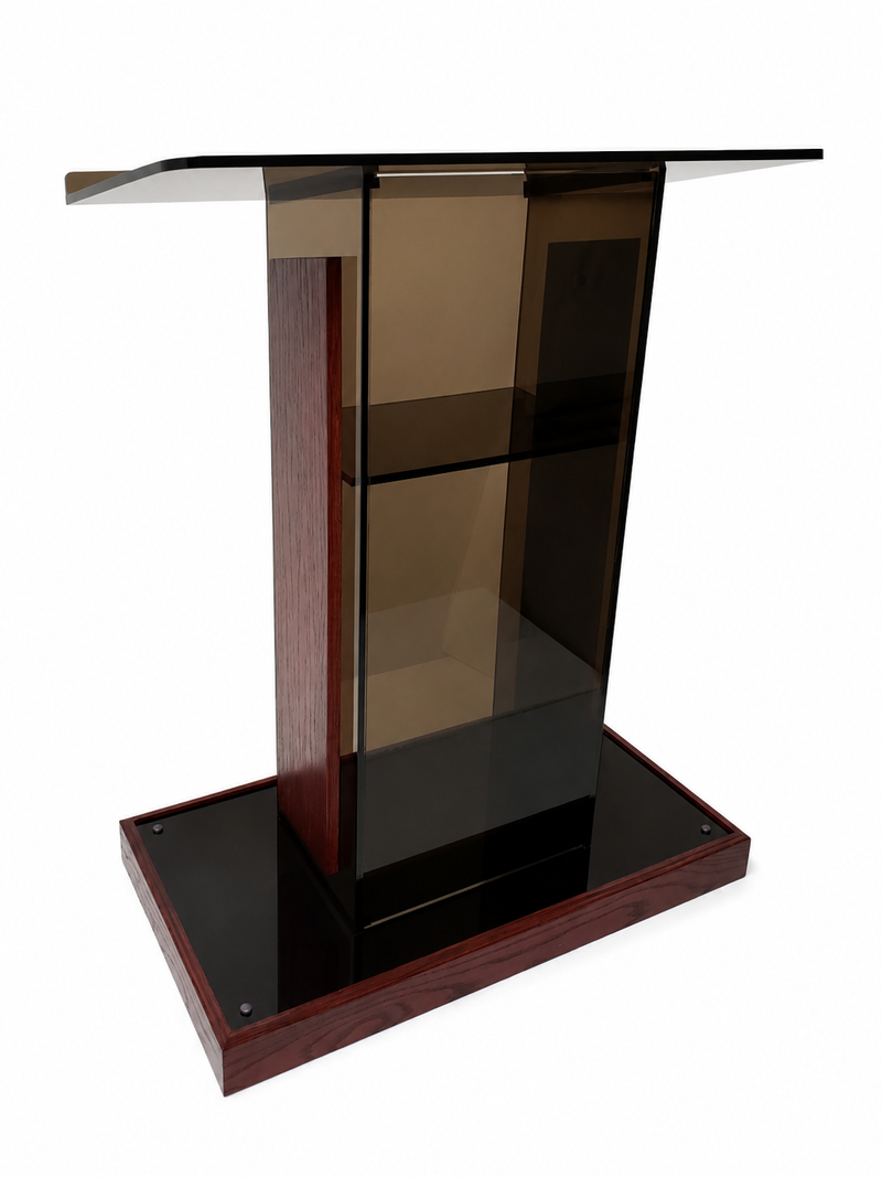 DCF-P25 Smoked Bronze Acrylic Church Pulpit Mahogany-stained Base and Sideboards