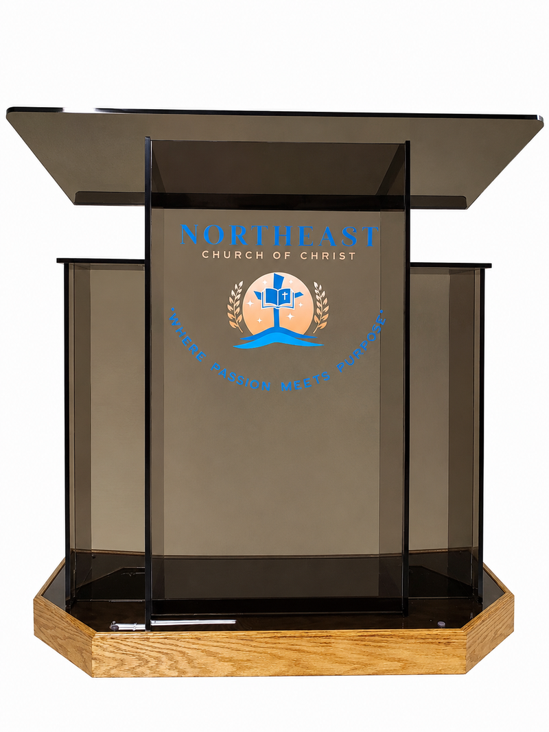 DCF-W20 Winged Church Pulpit — Smoked Bronze Acrylic with Golden oak Angled Base