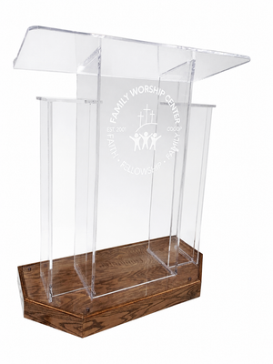 DCF-W19 Winged Church Pulpit — Clear Acrylic with Provincial Angled Wood Base