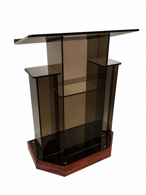 DCF-W21 Winged Church Pulpit — Smoked Bronze Acrylic with Rich Mahogany Angled Base