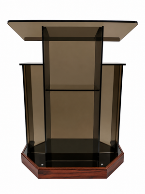 DCF-W21 Winged Church Pulpit — Smoked Bronze Acrylic with Rich Mahogany Angled Base