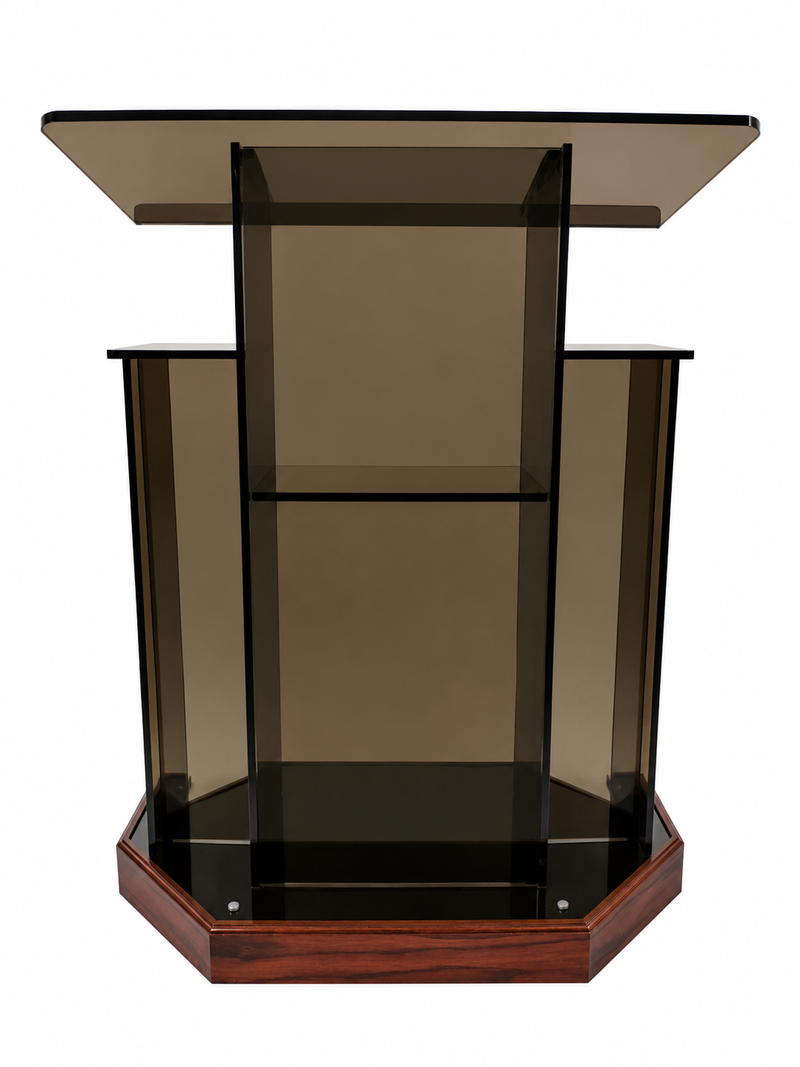 DCF-W21 Winged Church Pulpit — Smoked Bronze Acrylic with Rich Mahogany Angled Base