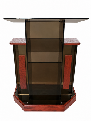 DCF-W22 Winged Church Pulpit — Smoked Bronze Acrylic with Rich Mahogany Base, Side Shelves, Front Boards and Church Logo