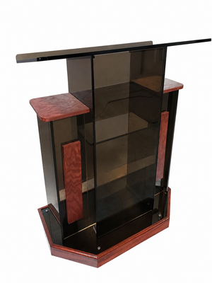 DCF-W22 Winged Church Pulpit — Smoked Bronze Acrylic with Rich Mahogany Base, Side Shelves, Front Boards and Church Logo