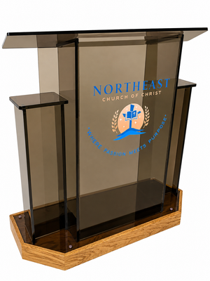 DCF-W20 Winged Church Pulpit — Smoked Bronze Acrylic with Golden oak Angled Base