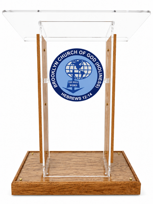 DCF-P30 Clear Church Pulpit Wood Base, Sideboards and Logo