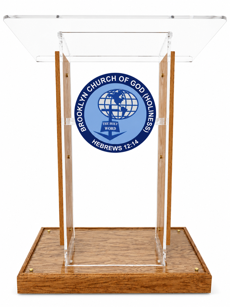 DCF-P30 Clear Church Pulpit Wood Base, Sideboards and Logo