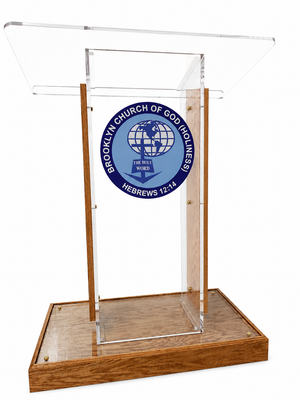 DCF-P30 Clear Church Pulpit Wood Base, Sideboards and Logo