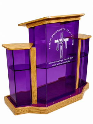 DCF - W2 Deluxe Winged Church Pulpit - Purple acrylic with angled Golden oak base and logo