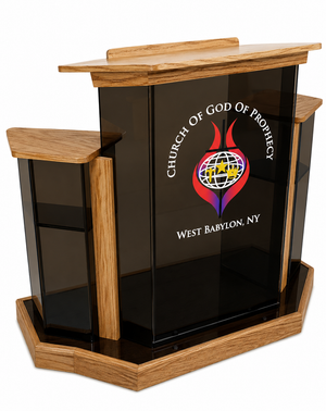 DCF - W1 Deluxe Winged Church Pulpit - Bronze acrylic with angled Golden oak base and logo