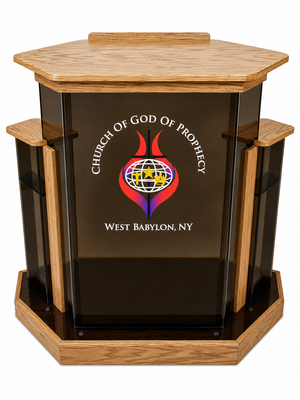 DCF - W1 Deluxe Winged Church Pulpit - Bronze acrylic with angled Golden oak base and logo