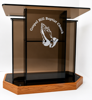 DCF - W25 Winged Church Pulpit - Bronze acrylic with angled Golden oak base and logo