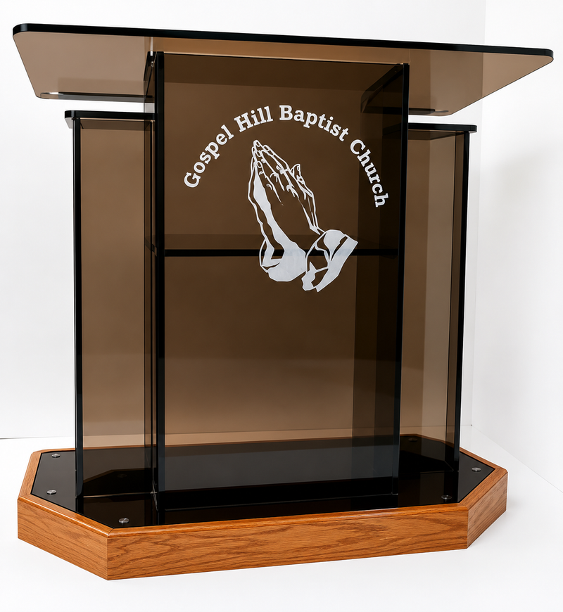 DCF - W25 Winged Church Pulpit - Bronze acrylic with angled Golden oak base and logo