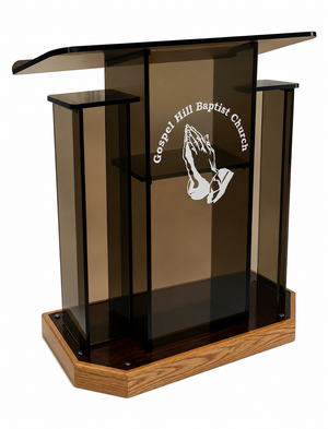 DCF - W25 Winged Church Pulpit - Bronze acrylic with angled Golden oak base and logo