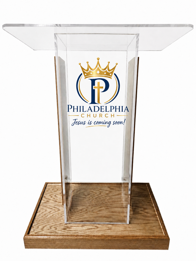 DCF-P21 Clear Church Pulpit Golden Oak Base, Sideboards and Logo 20x36