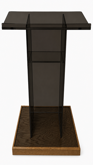 DCF-P16 Smoked Bronze Acrylic Church Pulpit Golden Oak Base and Sideboards 18x24