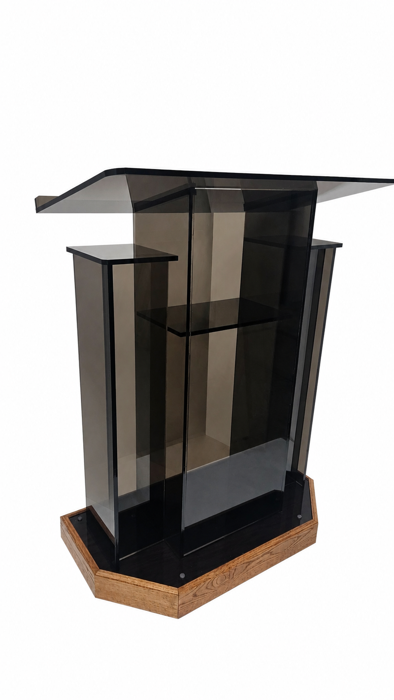 DCF - W23 Winged Church Pulpit - Bronze acrylic with angled Golden oak base