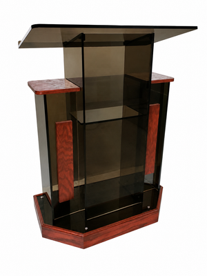 DCF-W22 Winged Church Pulpit — Smoked Bronze Acrylic with Rich Mahogany Base, Side Shelves, Front Boards and Church Logo